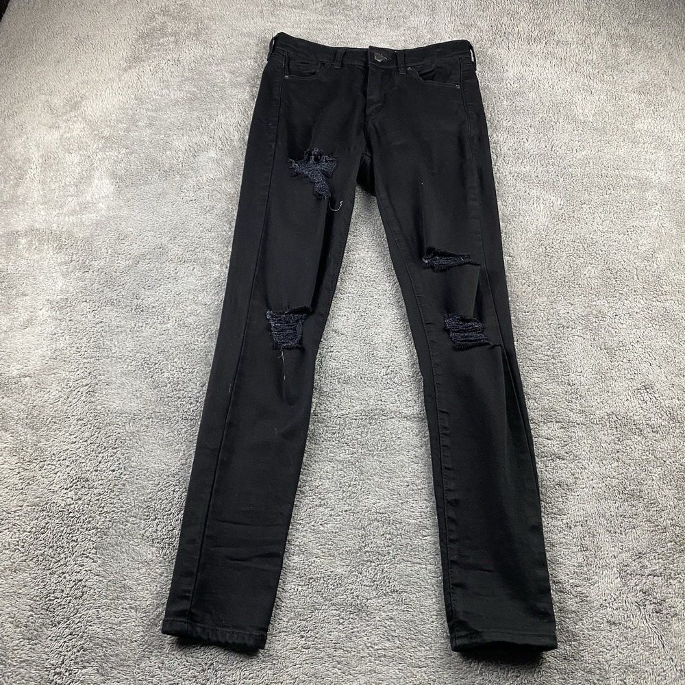 Topshop Moto Leigh Jeans Womens 26x26 Black Skinny‎ Distressed Mid Rise